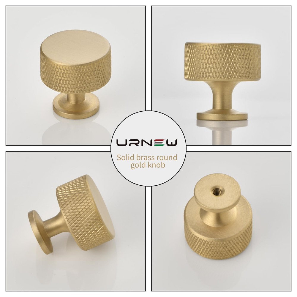 Urnew- 5 Pack Solid Brass Kitchen Cabinet Knobs 5 Pack, Matt Brushed