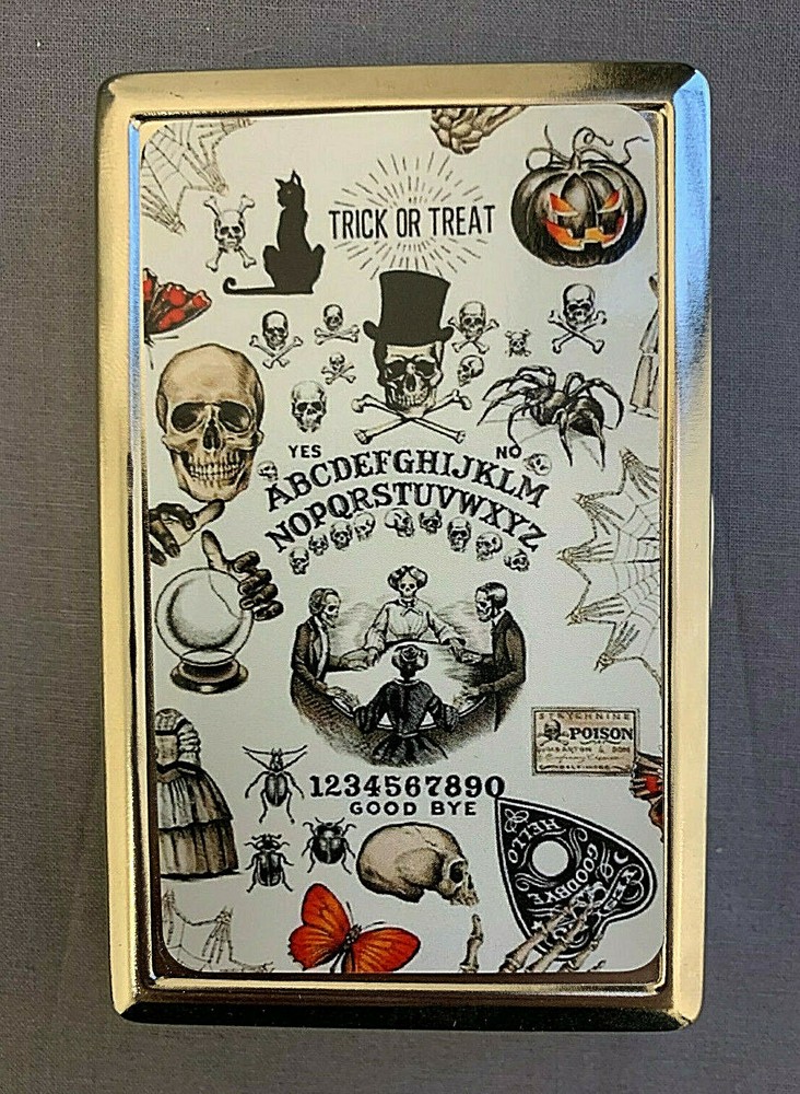 Halloween Witchcraft Pattern D4 Silver Metal Cigarette Case RFID Protection