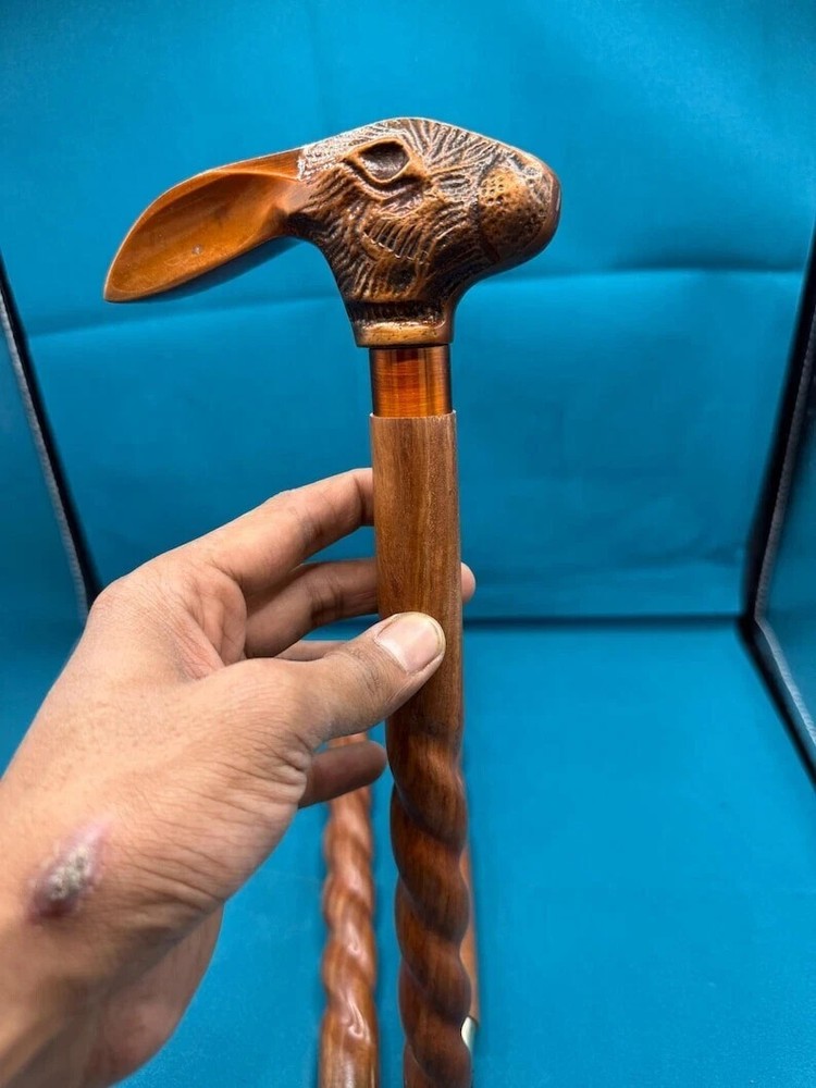 Antique Solid Rabbit Head Handle Victorian Wooden Walking Stick Cane For Him