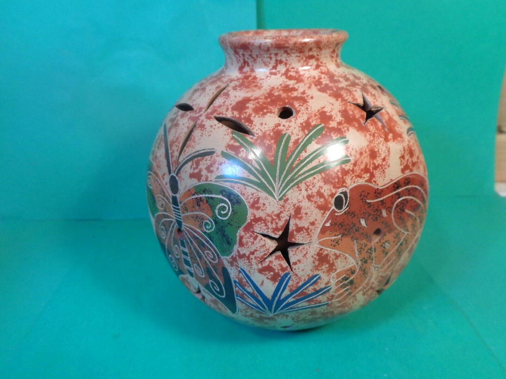 Pottery Tropical Pattern Tea Light/Candle Globe, Brazil (Used/EUC)