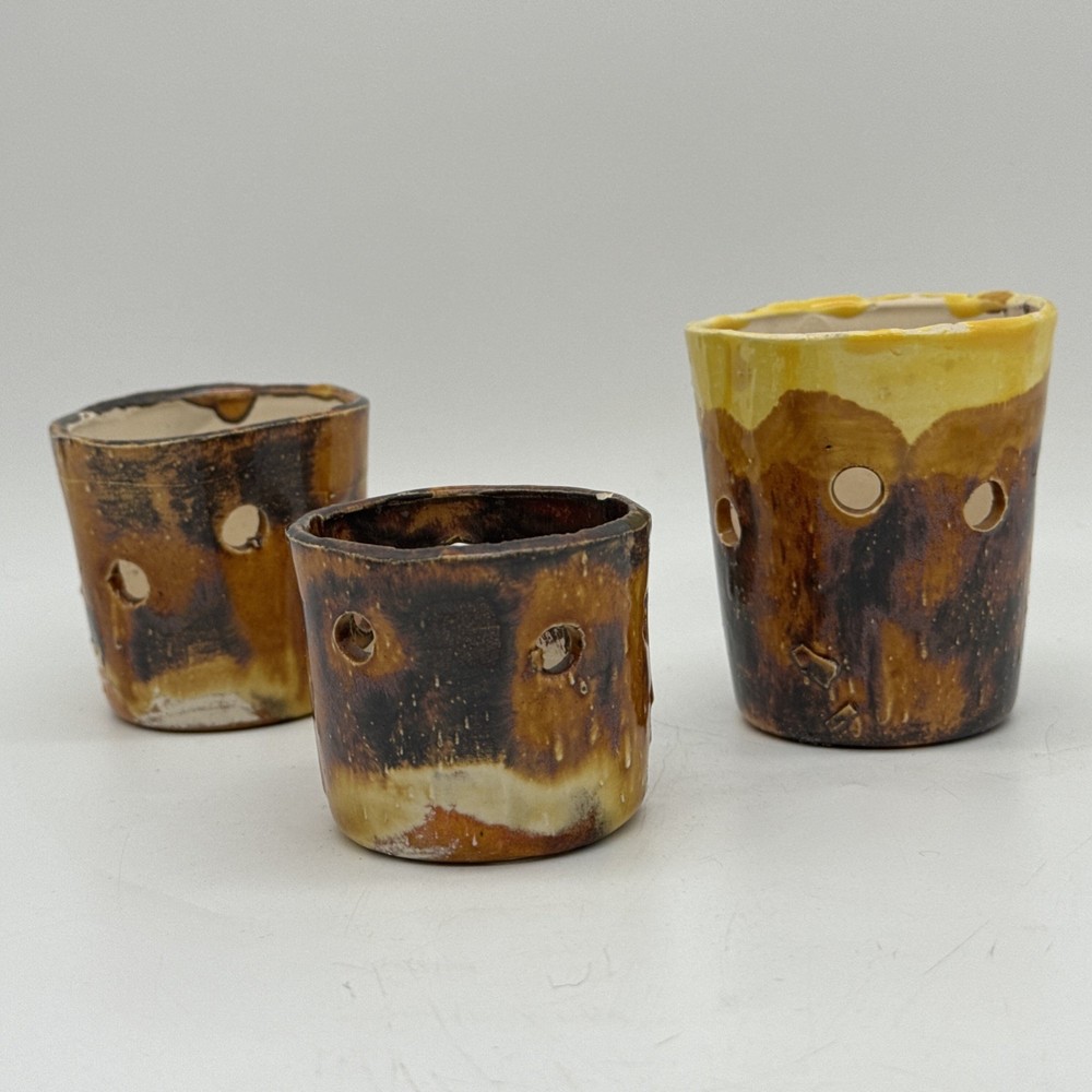 Handmade Ceramic Rustic Tea Light Holder 3 Piece Matching Set Multicolor Glazed