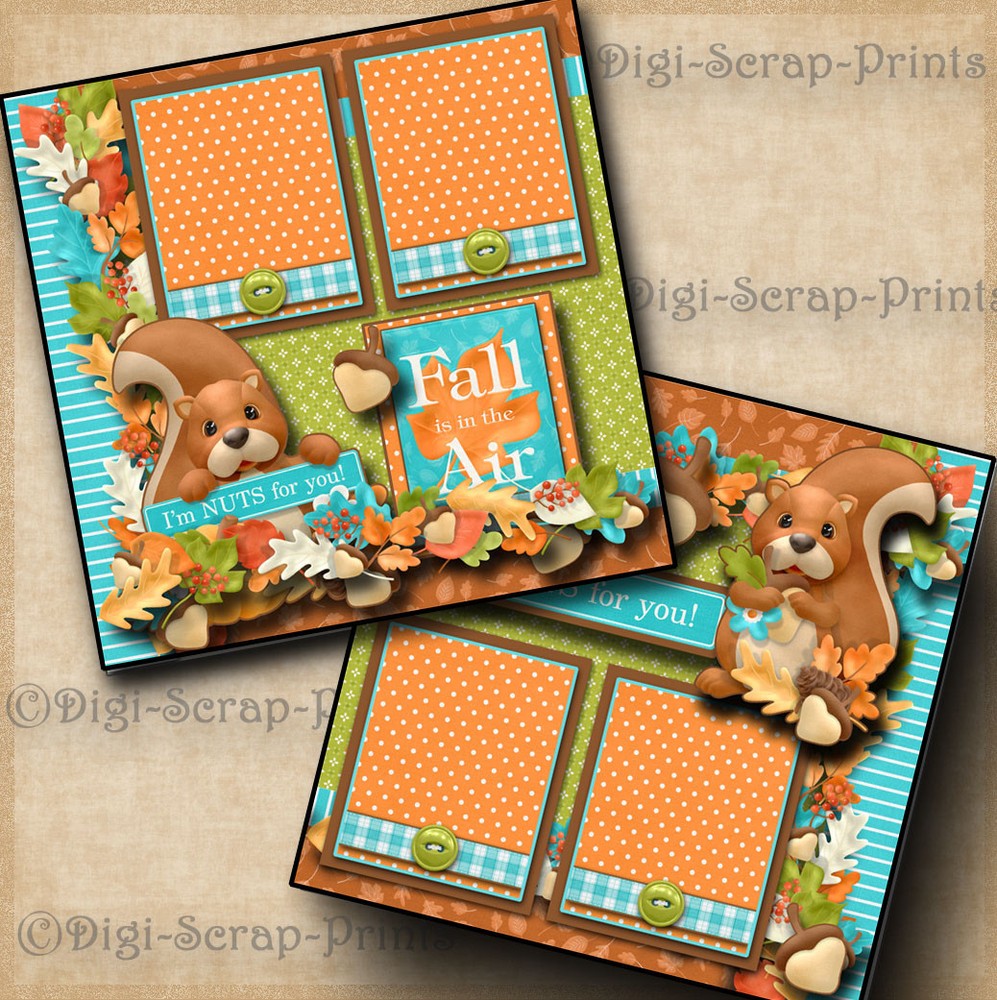 NUTS ABOUT YOU ~ fall autumn 2 premade scrapbook pages paper layout BY DIGISCRAP