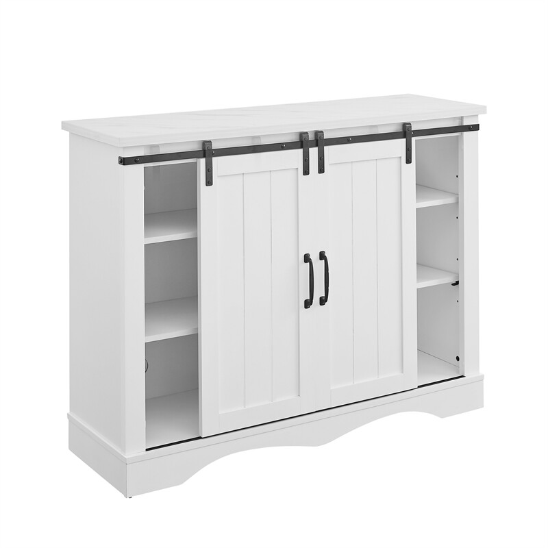 Pemberly Row White Buffet Bar Cabinet Barn Door w/ Marbling Pattern Countertop