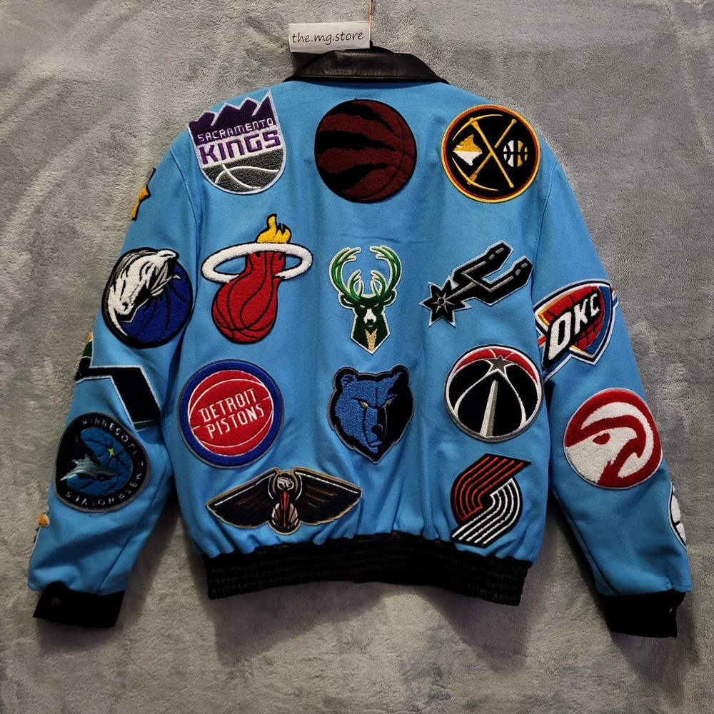 Jeff Hamilton NBA Collage Wool & Leather Blue Jacket Men's Sz Medium Signed