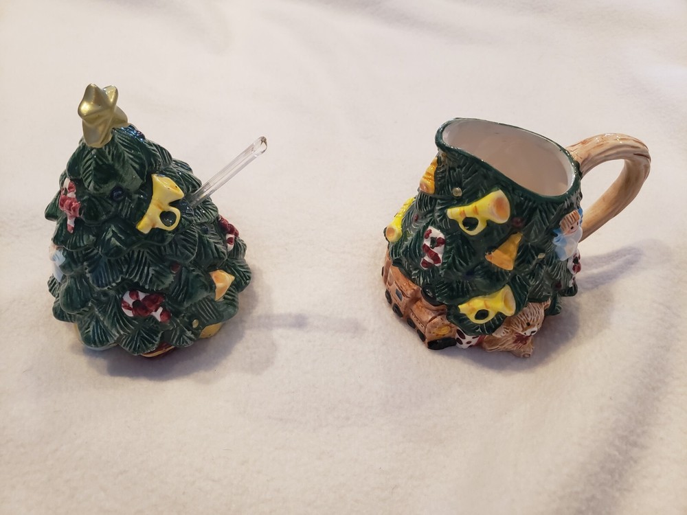 Christmas Tree Cream And Sugar Set Ceramic 1995 Jay Imported PreOwned