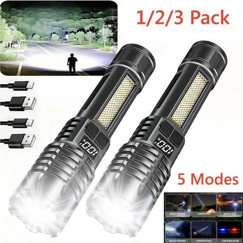 Rechargeable Tactical Flashlight Zoom 5 Modes Red Blue Warning Light USB C Light