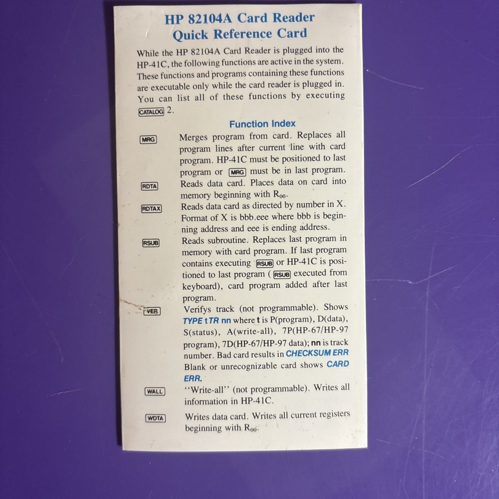 Hewlett-Packard 82104A card reader owners handbook and quick reference card.