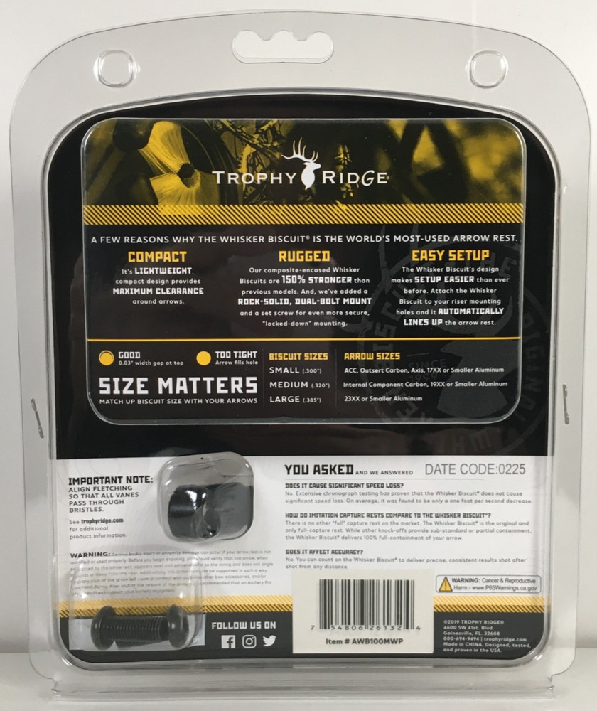 TROPHY RIDGE ORIGINAL WHISKER BISCUIT (MEDIUM) COMPOUND BOW ARROW NEW 2019