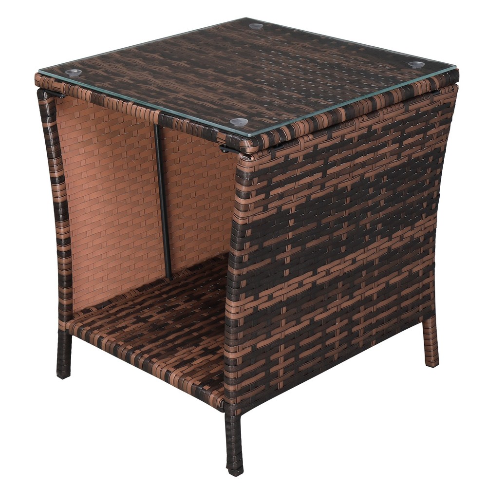 Glass Surface Brown Gradient Iron Frame Rattan Side Table