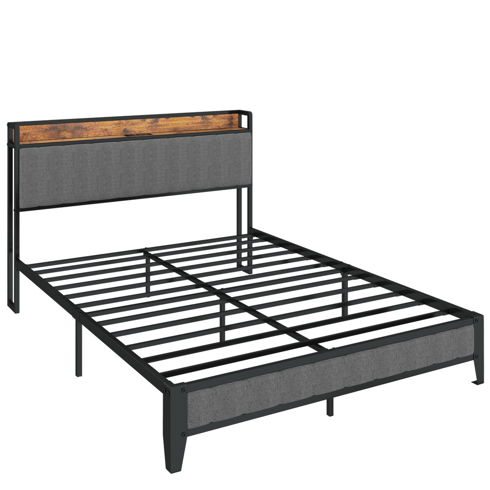 Full Size Bed Frame with Upholstered Headboard Metal Platform Bed w/ Outlet
