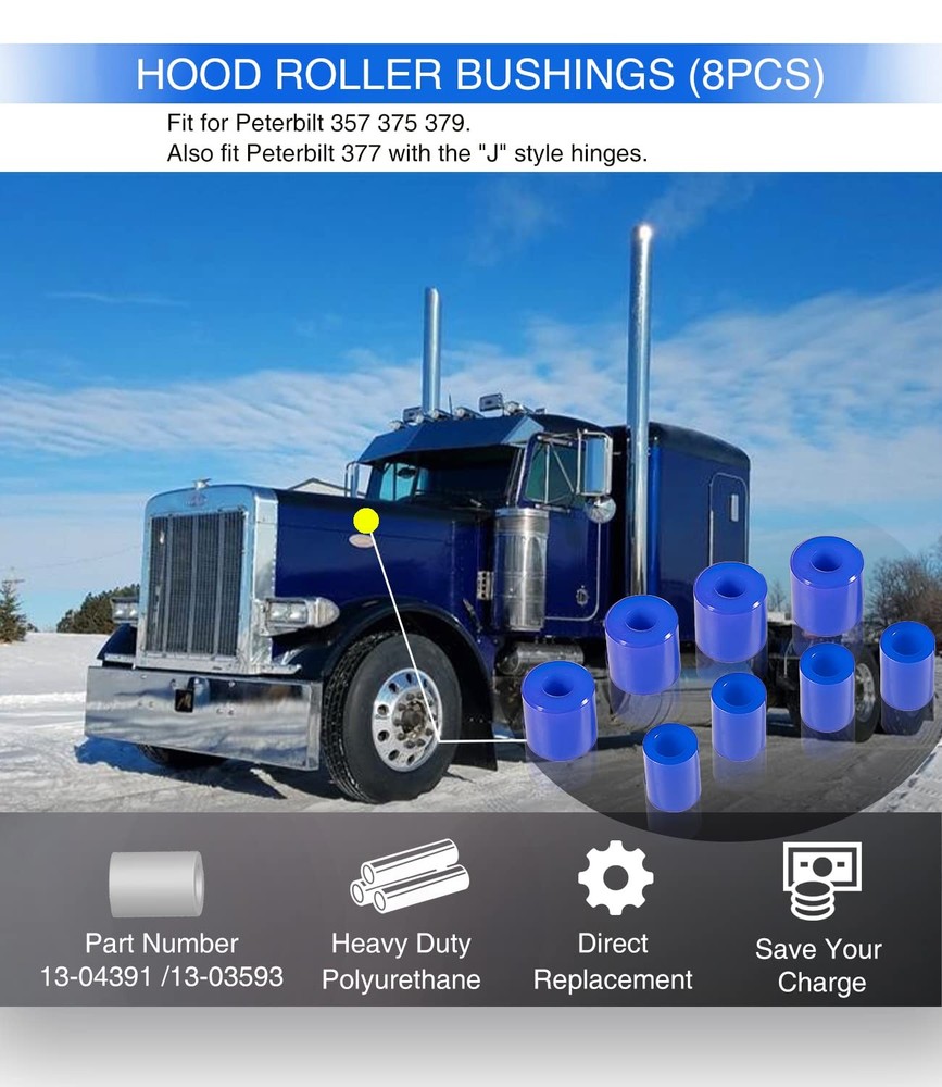 8 Pack Hood Roller Bushings for Peterbilt 357, 375, 379, Reference Part Blue