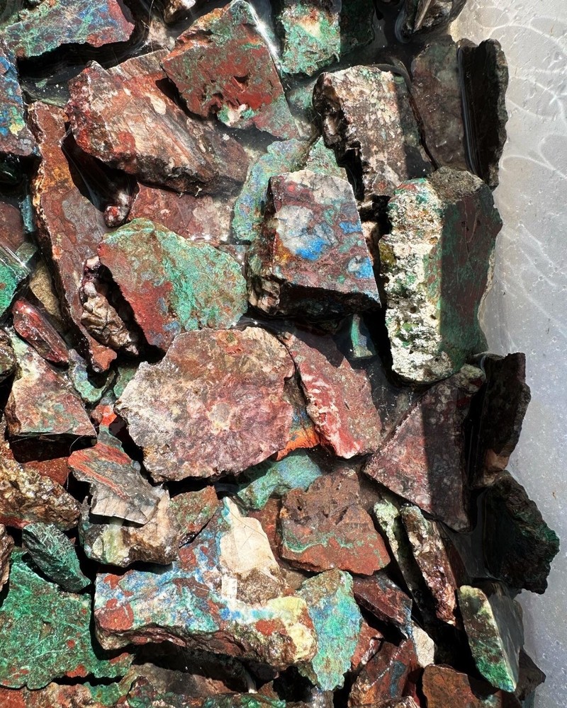 Apache gem Chrysocolla large parcel of slabs and cutter stones.