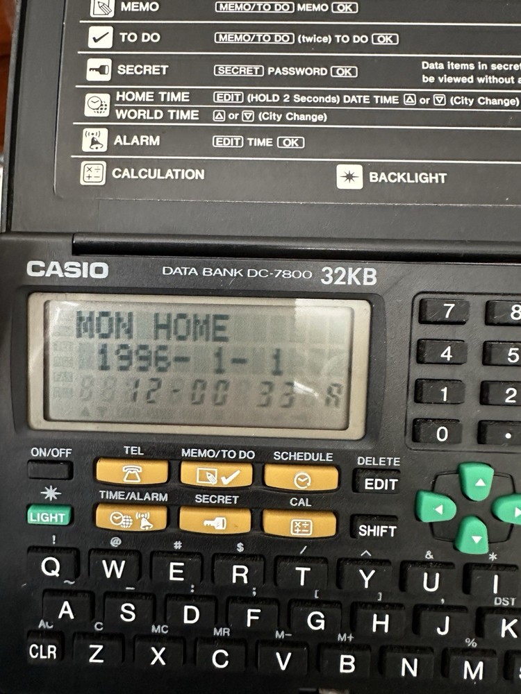 Vtg Casio Data Bank DC-7800 32KB Back Light Multi-function Organizer Tested