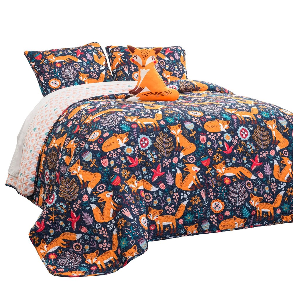 Lush Decor Pixie Fox Reversible Quilt Set, Twin, Navy & Orange - 3 Piece