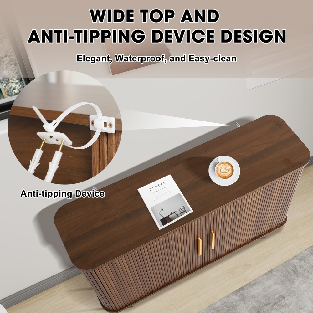 47" Sideboard Buffer Cabinet with Fluted Slide Doors, Tambour Storage Cabinet