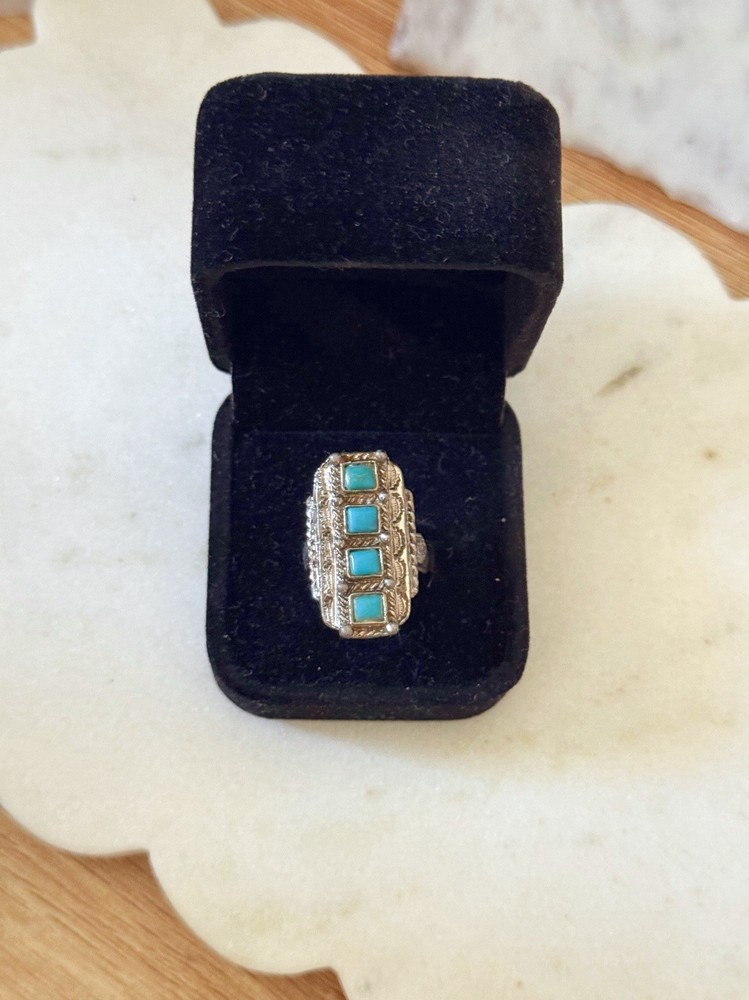 Large Vintage Turquoise Look Silver Tone Statement Ring Filigree Adjustable Ring