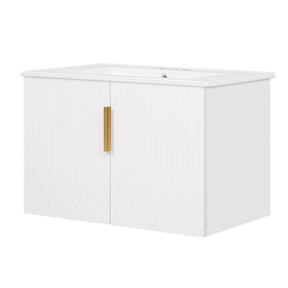 Bathroom Vanity W Ceramic Sink Three-Hole Mounting Features Two Soft-Close Doors