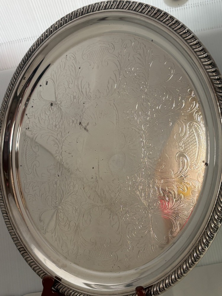 Unbranded Silver Plate Serving Tray with Makers Marks Round with Rope Edge