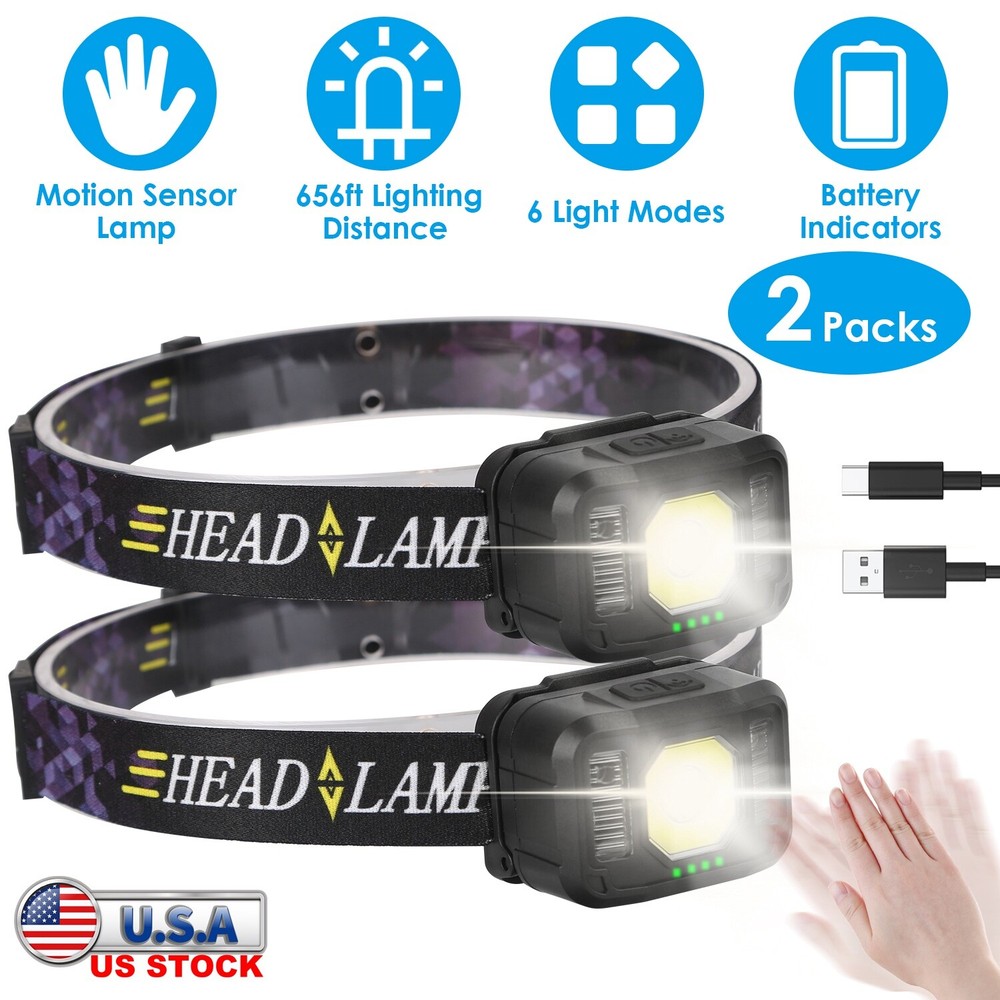 2PCS COB+LED Motion Sensor Headlamp USB Rechargeable Headlight Torch Flashlight
