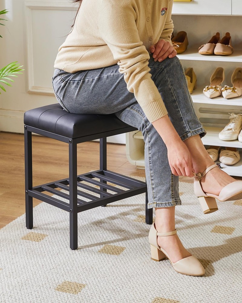 Rectangular Makeup Stool Adjustable Feet Storage Space PU Vanity Seat Black