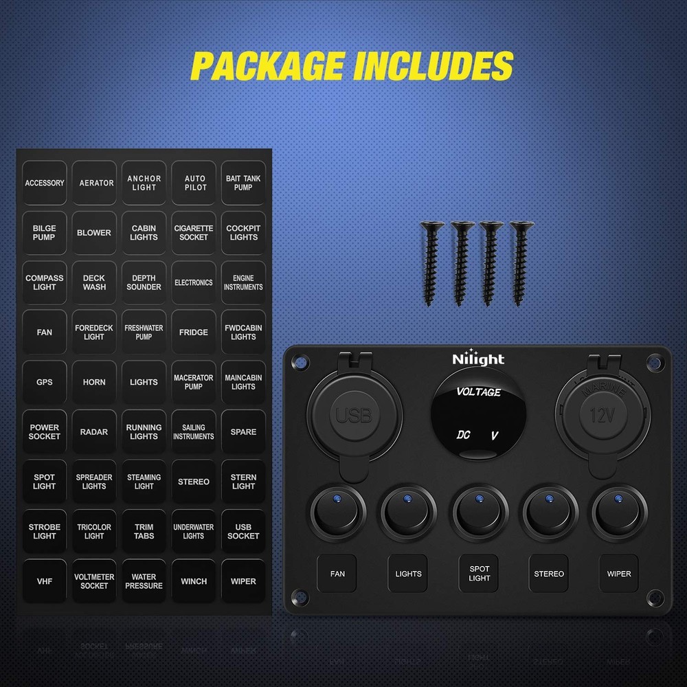 Nilight 90101E 5Gang Multi-Function 5 Gang Rocker Switch Panel, Blue