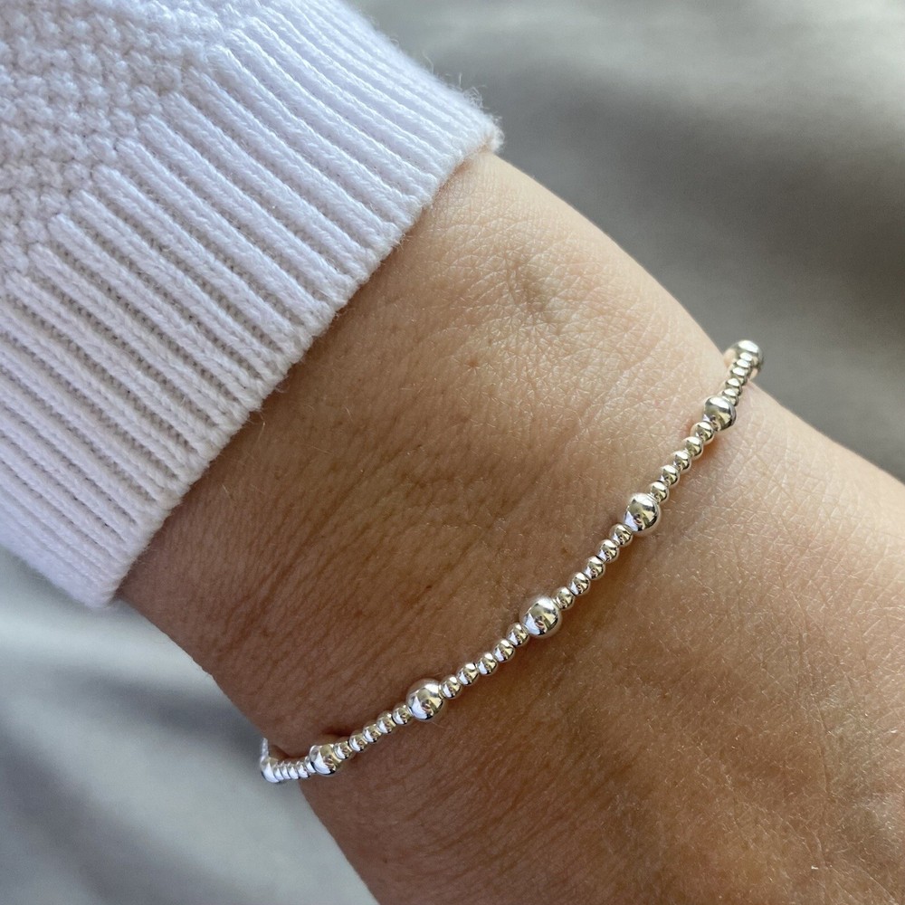 Sterling Silver Stretch Beaded Plain Stacking Bracelet. Handmade 925