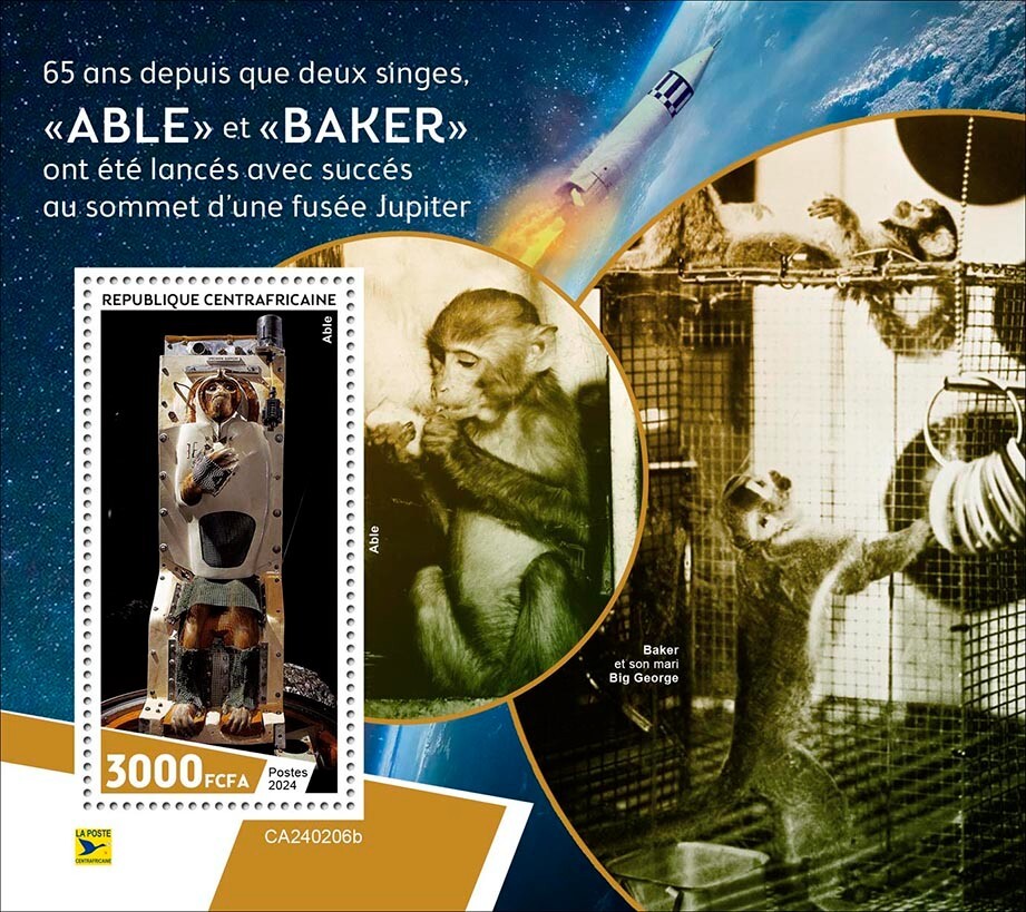 Space Two Monkeys Able Baker Jupiter Rocket MNH Stamps 2024 Central African S/S