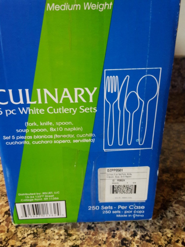 Culinary individually wrapped 5 piece cutlery disposable set 250 count-open box