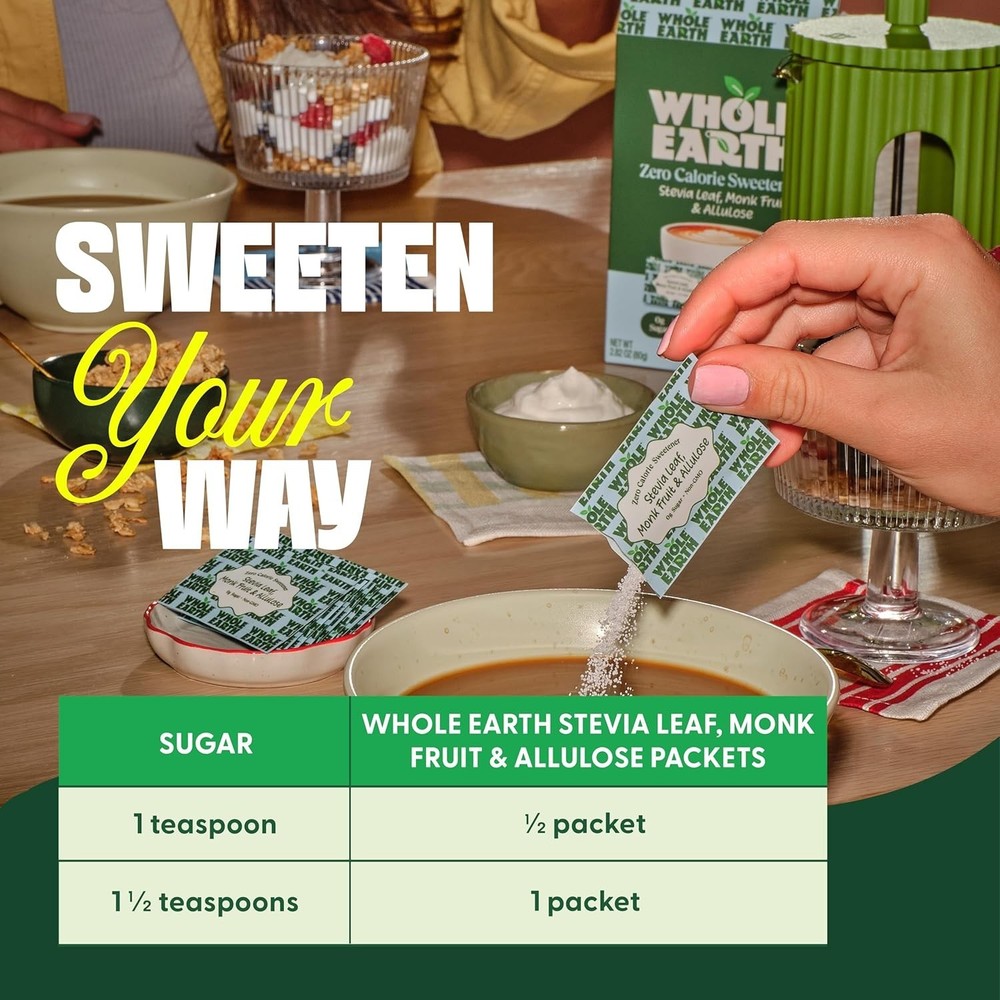 Whole Earth Stevia, Monk Fruit & Allulose 40ct Packets, Zero Calorie Sugar