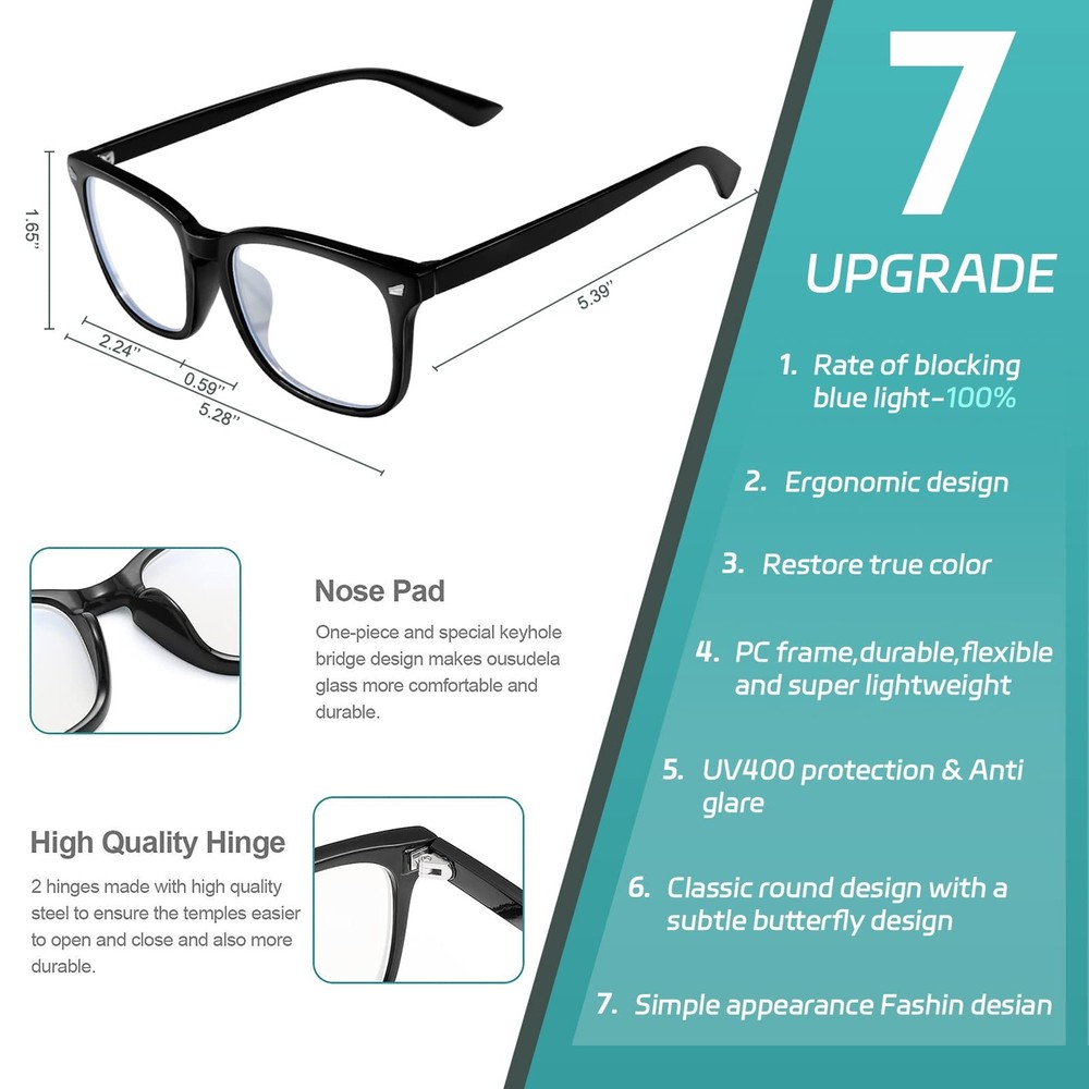 5 Pack Blue Light Blocking Glasses, Transparent Lens, Gaming, Reading, Computer
