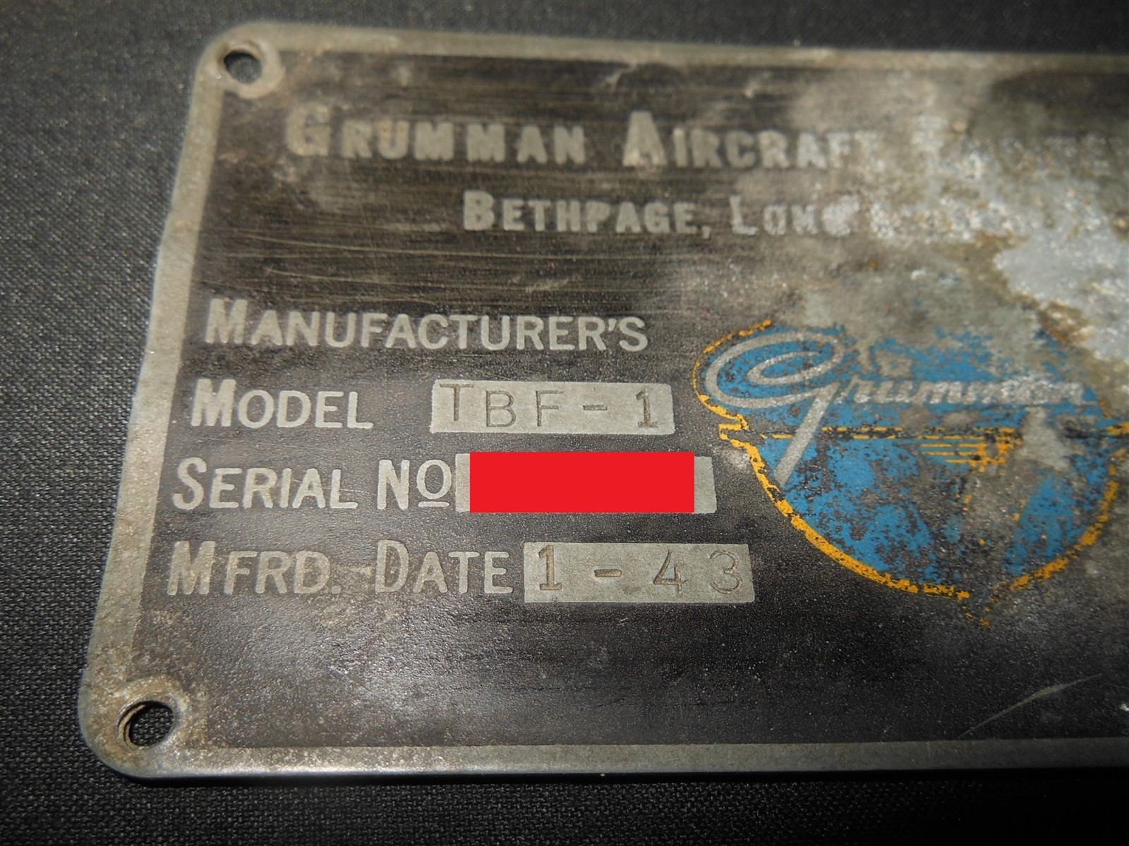 WW2 British Royal Navy FAA Aircraft - TBF-1 AVENGER MAIN DATA PLATE - VERY NICE!