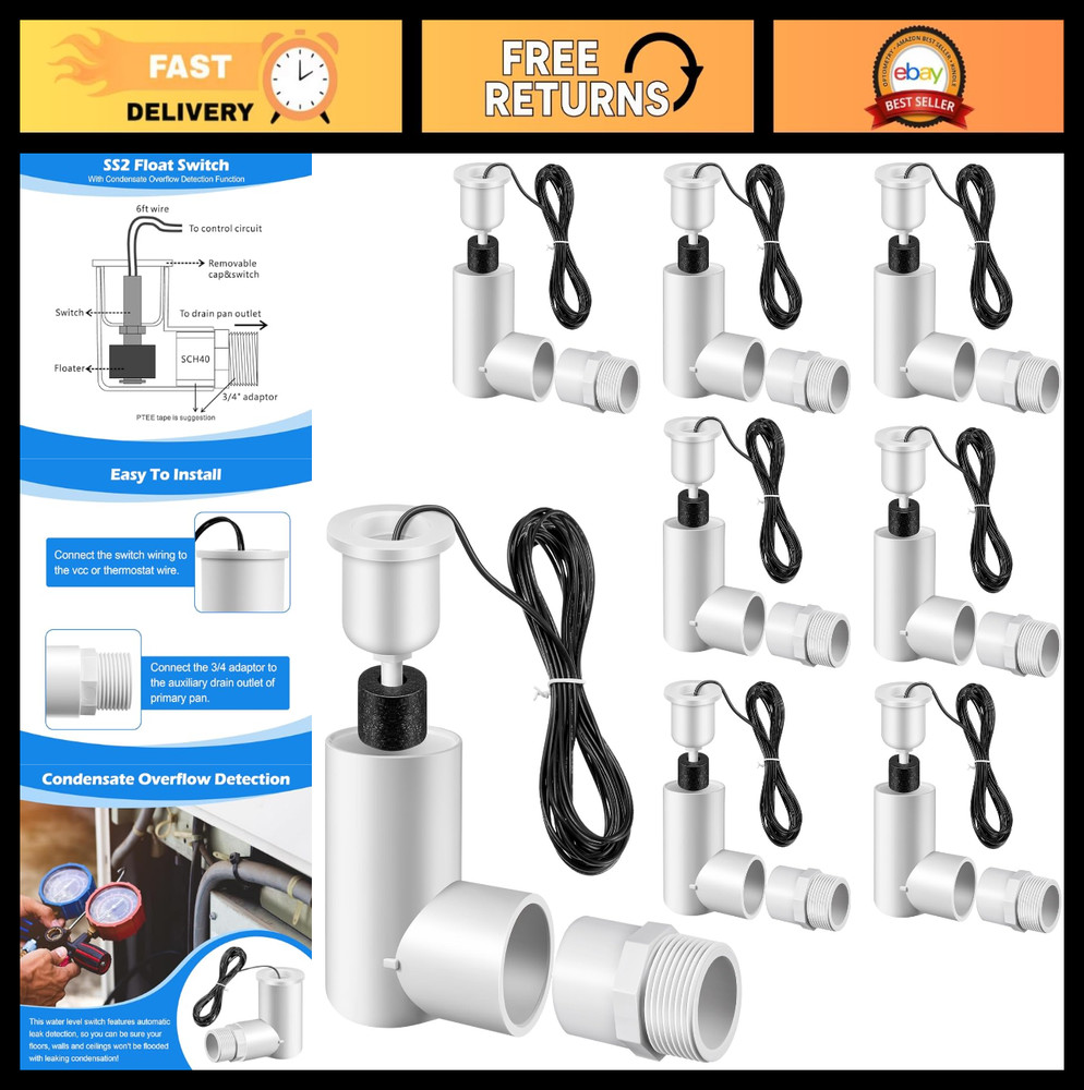 8 Pack Float Switch for Easy Install, AC Water Level Sensor, 3/4" Adapter, 6ft W