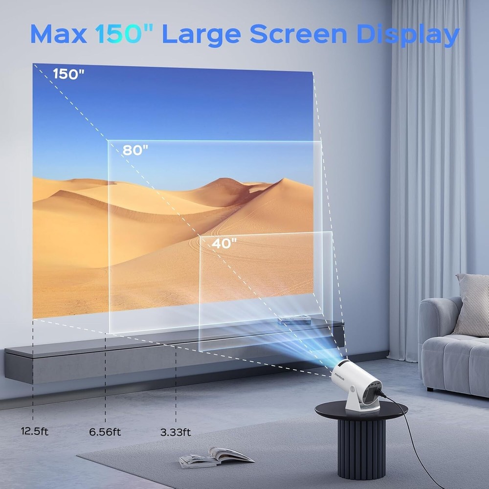 Mentech Mini Projector with WiFi & Bluetooth, up to 150" Screen, Apps, White