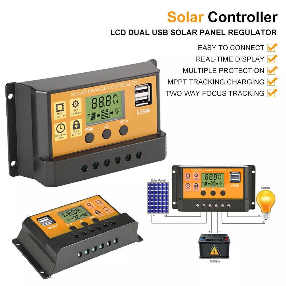 ‌100A PWM Solar Charge Controller 12V/24V Auto Tracking Panel Kit Regulator