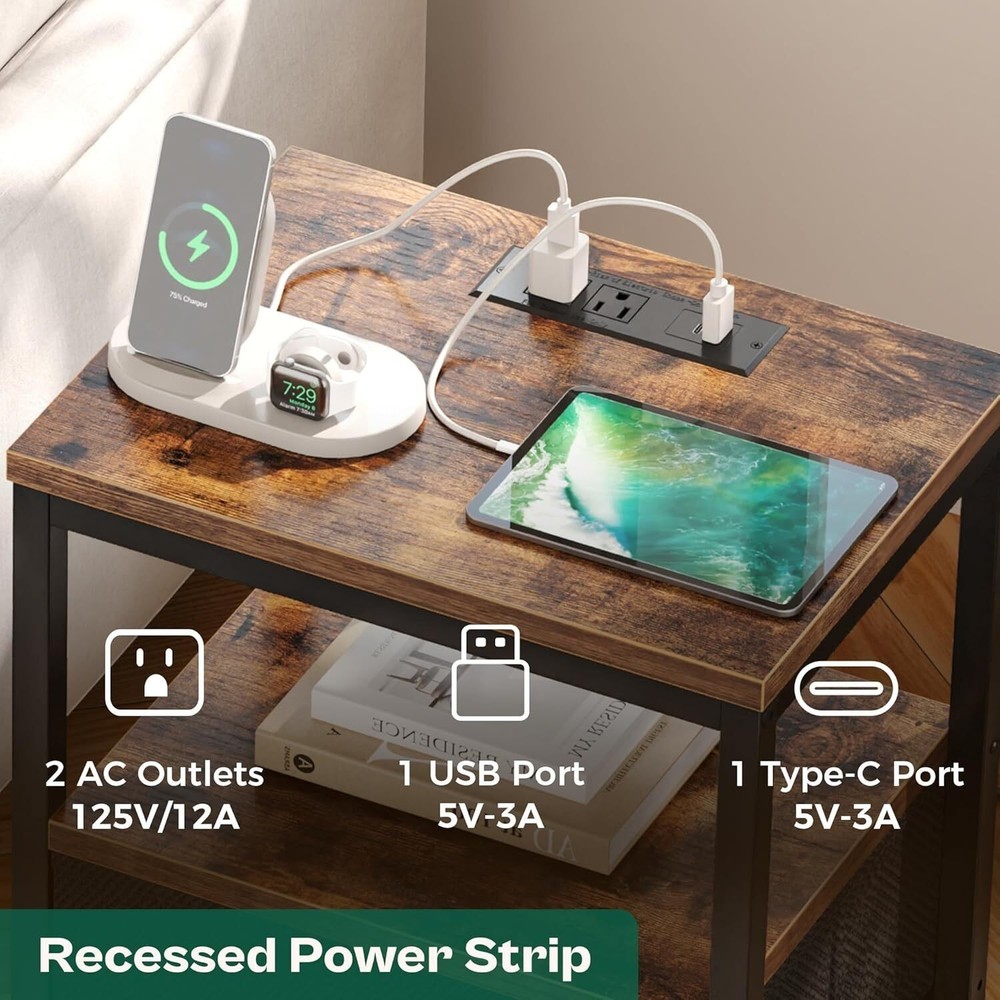 Nightstand with Charging Station Side Table with Drawers End Table for Home US