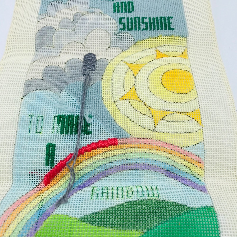 Vintage Hand Painted Needlepoint Pattern Canvas Rain Sunshine Rainbow Pride