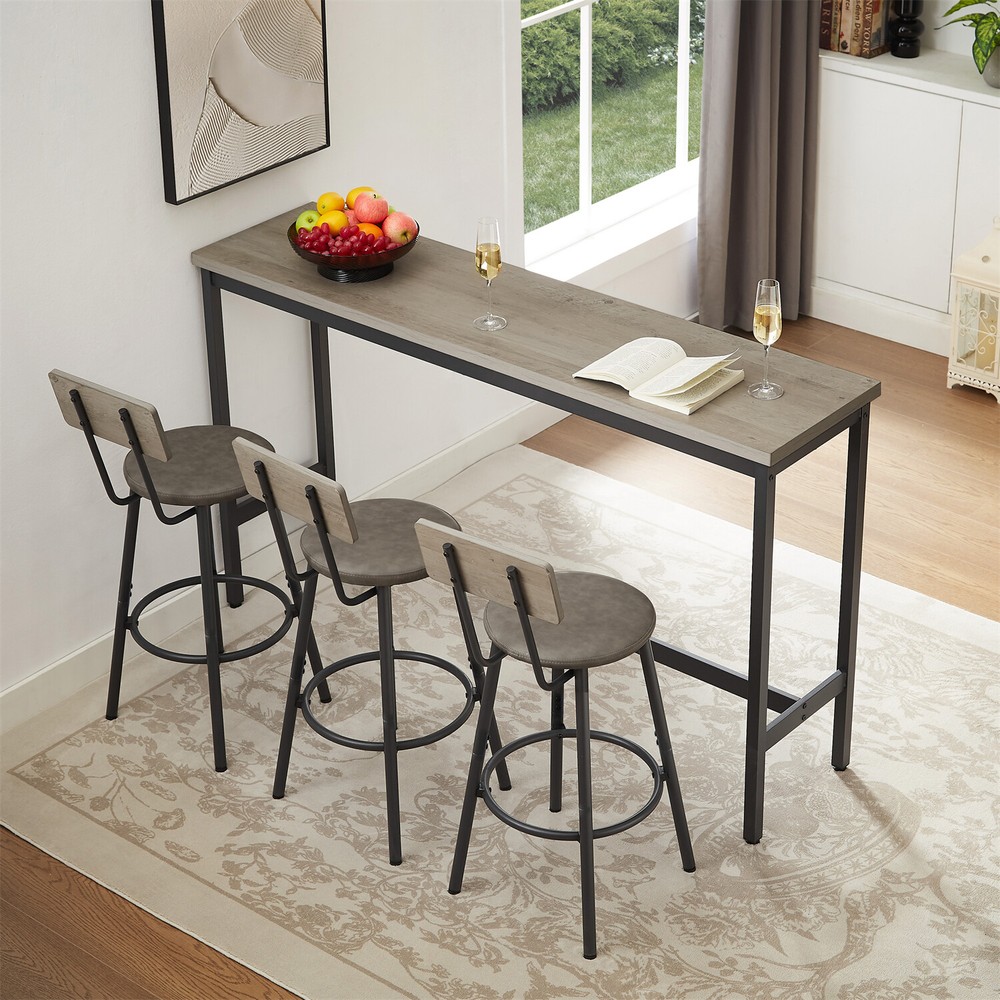 4 Piece Bar Table Set Counter Height Kitchen Pub Table w/ 3 Bar Stools Gray