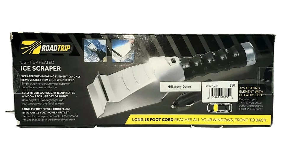 RoadTrip Windshield Ice Scraper Heated, LED Lighted, 12 Volt Adapter, 15 Ft Cord