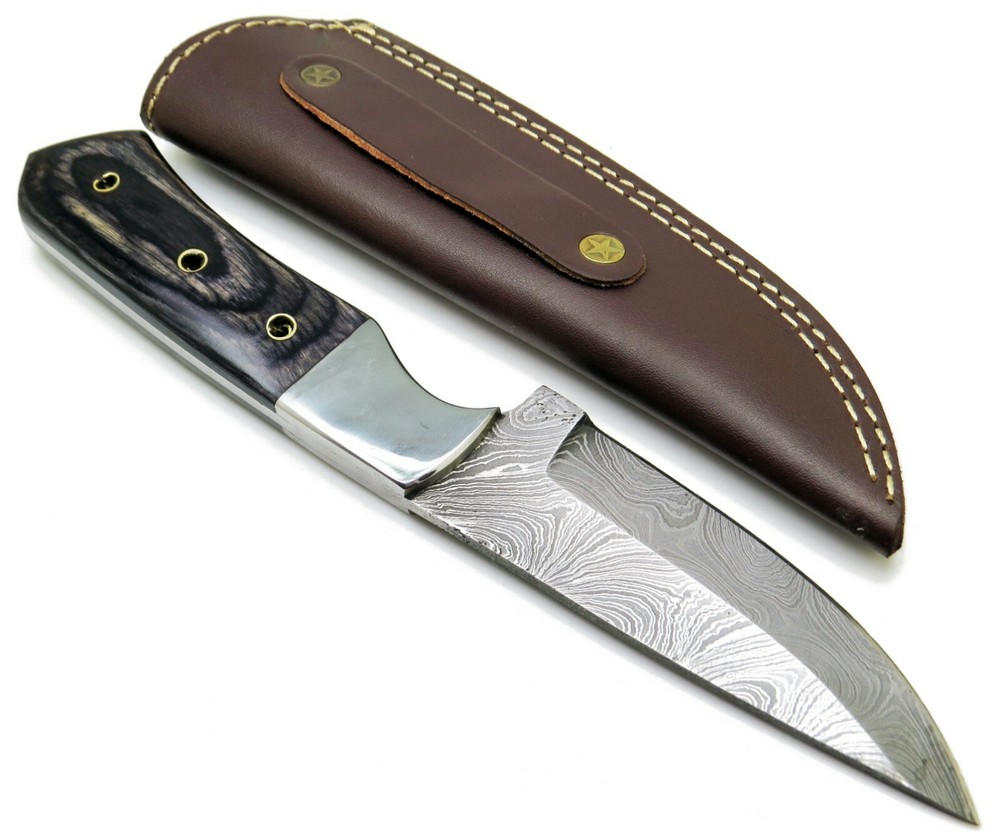 Damascus Knife 9" W/ Leather Pouch Multi Purpose Wood Handle Black/Grey Tools