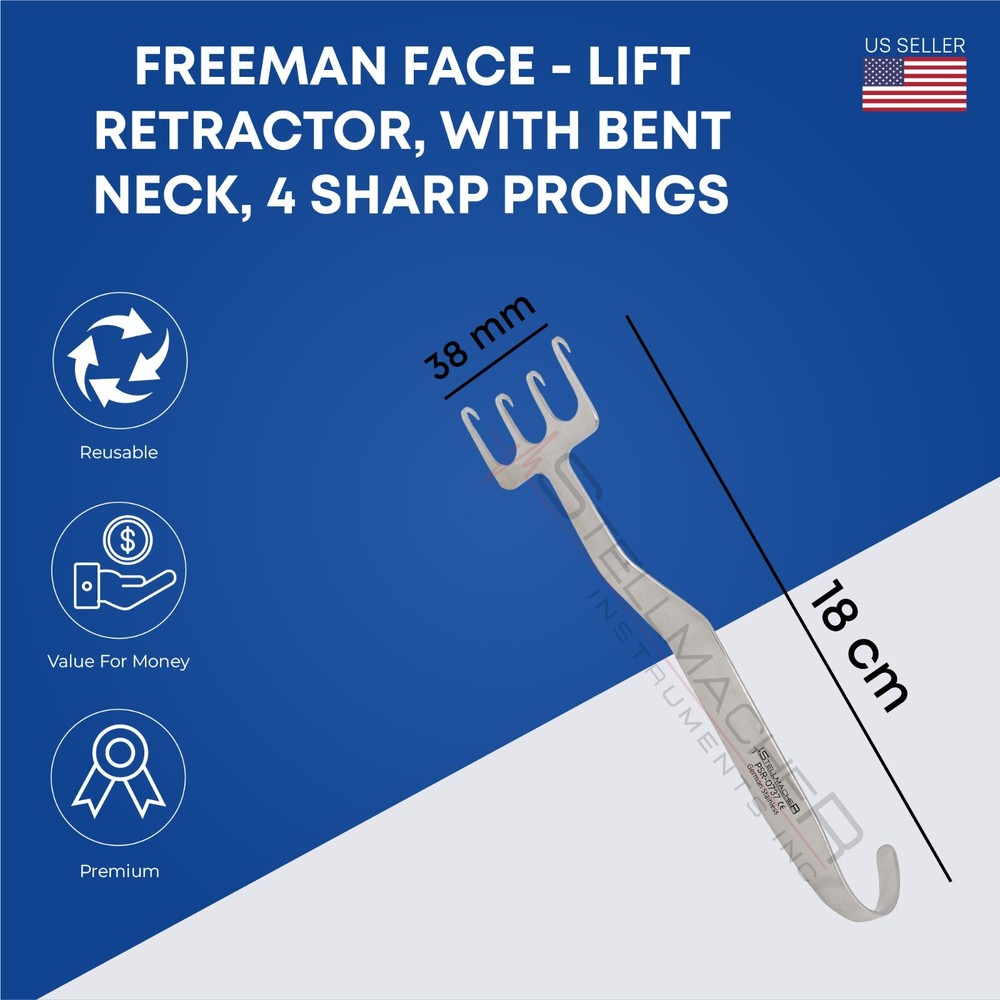 FREEMAN Face Lift Retractor with Bent Neck 4 Sharp Prongs Plastic Surgery Tools