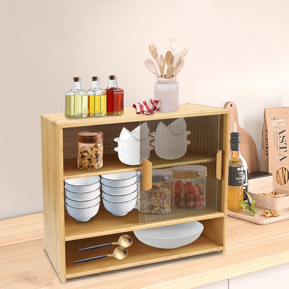 3-Tier Kitchen Pantry Sideboard Bamboo Countertop Storage Cabinet Home Organizer