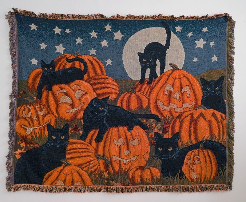 Halloween Pumpkin Black Cat Cotton and Polyester Blanket Throw