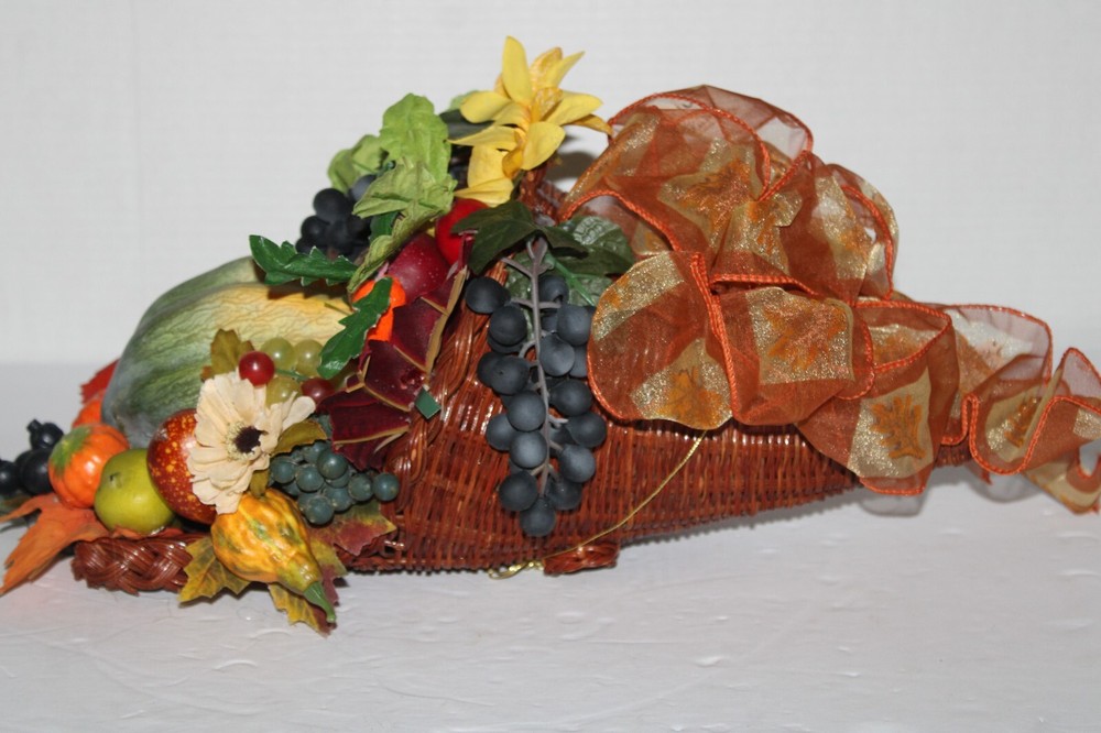 Cornucopia in Wicker Basket with Artificial Fall Thanksgiving Flowers