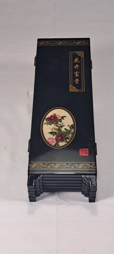 Lacquered Screen 6 Panel Floral Design Table Top Folding Chinese Screen