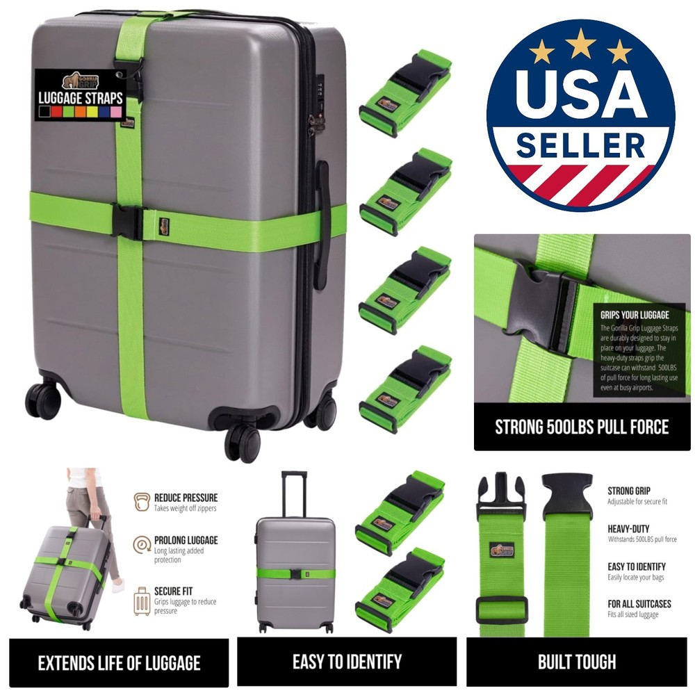 Secure Your Luggage with 4 Adjustable Gorilla Grip Straps - Easy Identification