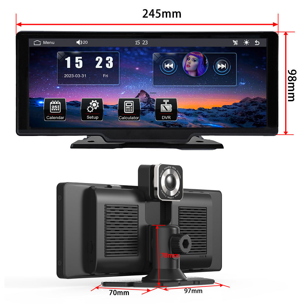 10.26" Widescreen DVR Android Auto HD Portable Apple Carplay Navigation+Dash Cam