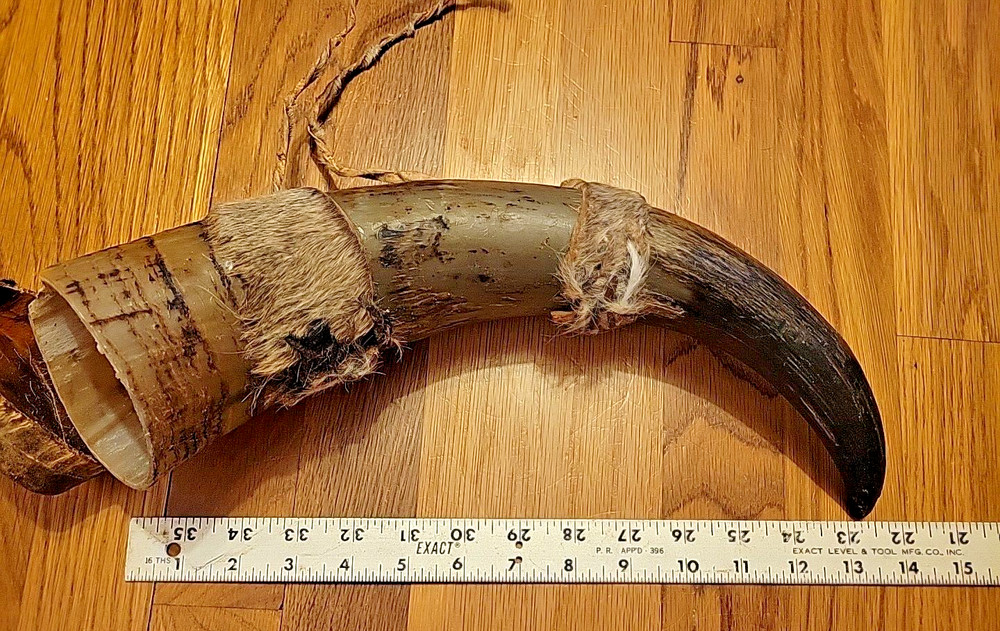 14" Powder Horn with Decor and Leather Strap