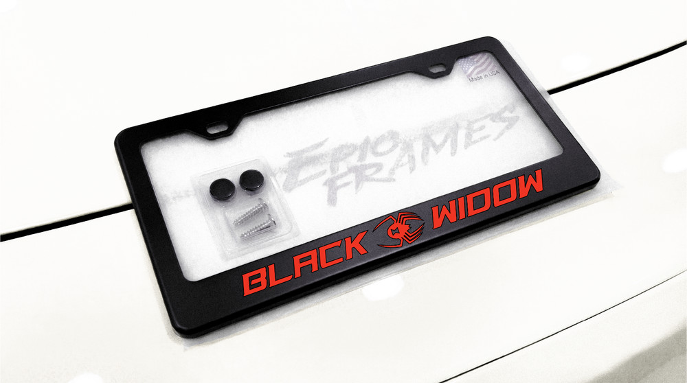 Red Black Widow License Plate Frame Black Metal with Hardware