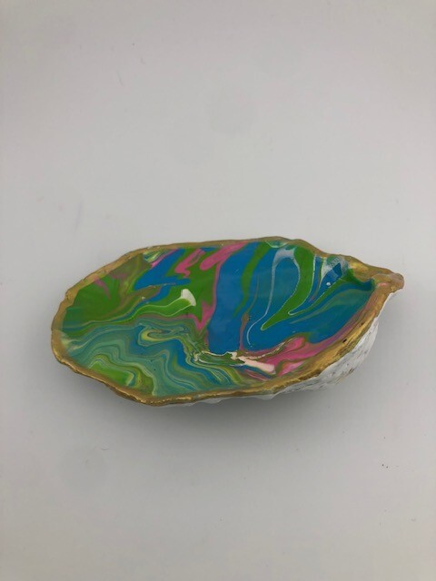 Hand Crafted Turquoise, Lime, Pink and White Paint Pour Oyster Shell