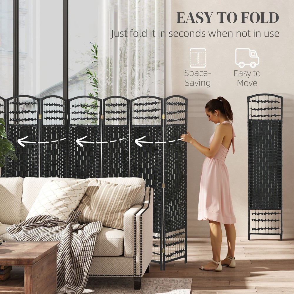 8 Panel Room Divider, Folding Screen, 5.6', Black